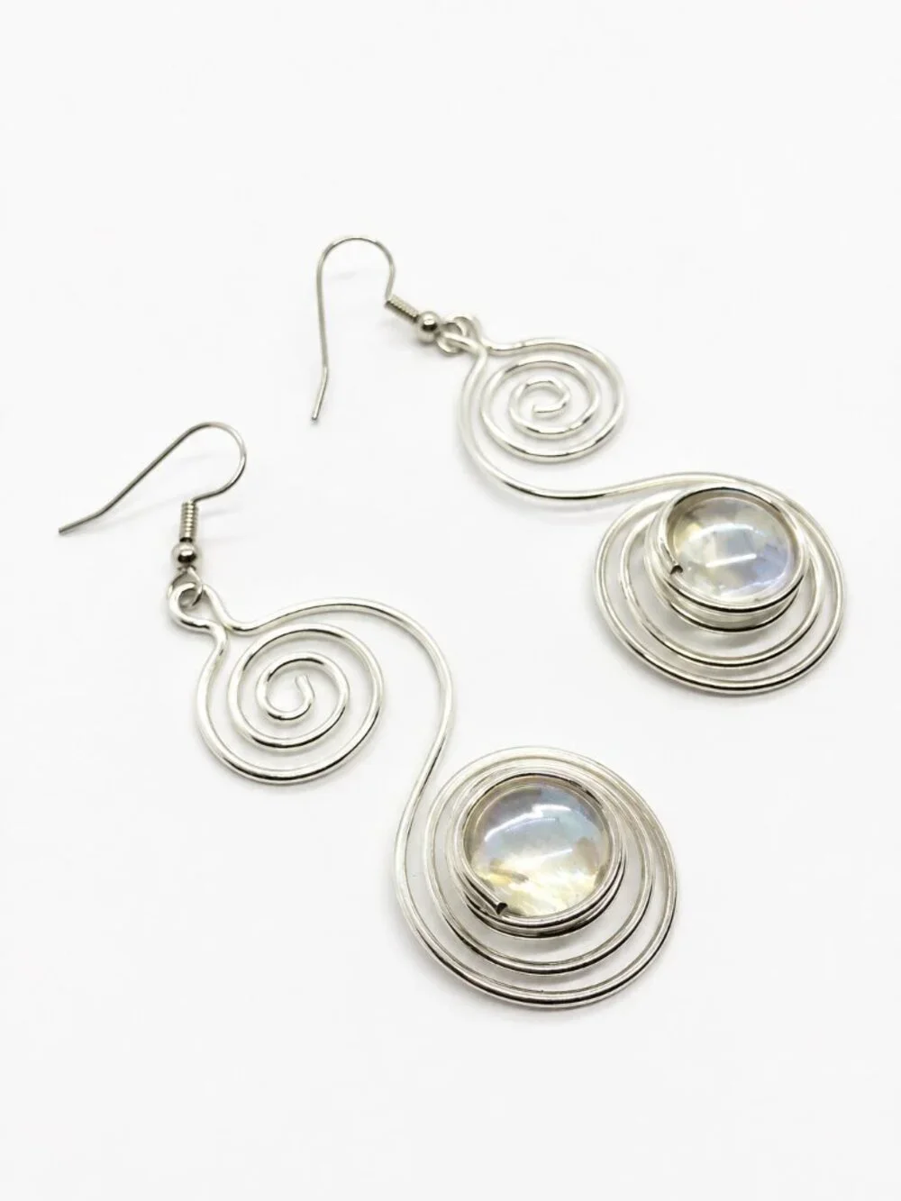 SILVER TONE EARRINGS Spiral Wire Iridescent Cabochon Modernist Dangle Pierced